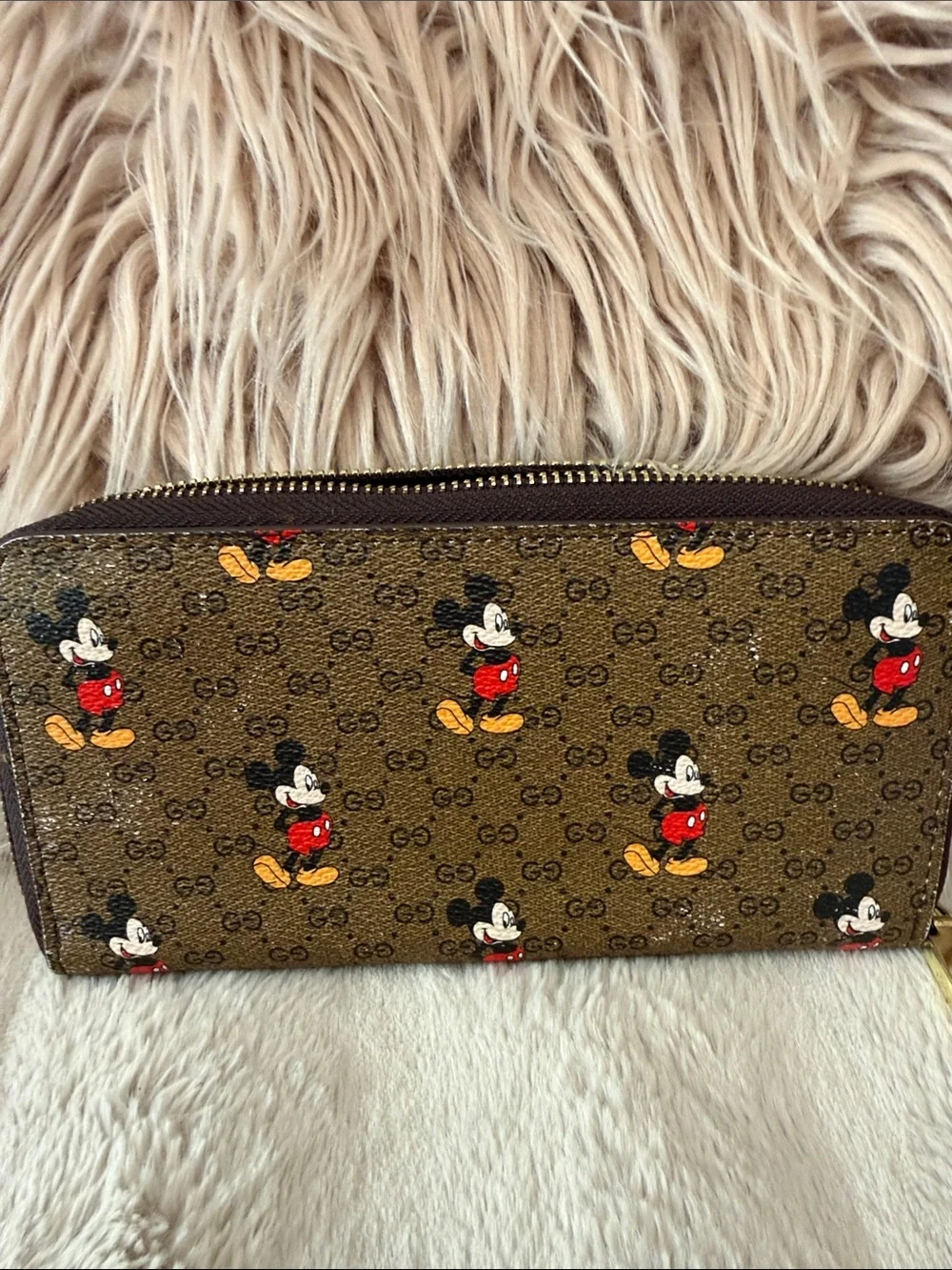 Designer-Style Brown Wallet with Red & Yellow Mickey Motif